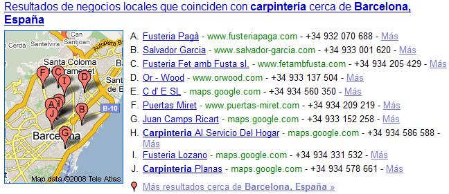 Resultados búsqueda de negocios locales.