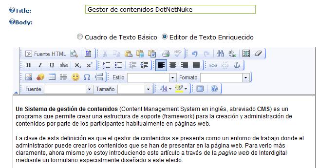 Detalle del editor de noticias del Dotnetnuke