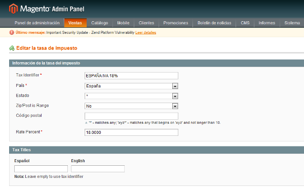 cambio de IVA en Magento panel de control