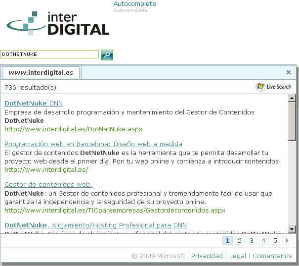 Ejemplo de búsqueda con Live Search con el módulo de DotNetNuke de Interdigital